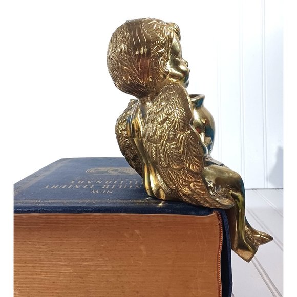 Brass Cherub Angel Putti Mid Century Shelf Sitting Sitter Planter Vase Vintage - Picture 8 of 9